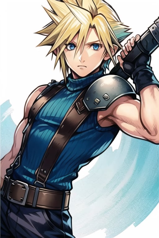 masterpiece,  best quality,  nomura tetsuya,  1boy,  blonde hair,  cloud strife,  dissidia final fantasy,  final fantasy,  final fantasy vii,  male focus,  official art,  solo,  spiked hair,  standing,  white background,  close up,  torso up,  nomura tetsuya, <lora:EMS-46474-EMS:1.000000>