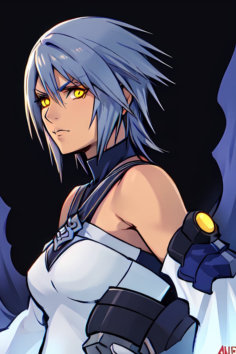 aqua \(kingdom hearts\),  1girl,  absurdres,  aura,  nomura tetsuya,  corruption,  dark-skinned female,  dark aura,  dark skin,  detached sleeves,  glowing,  glowing eyes,  grey background,  grey hair,  yellow eyes,  highres,  kingdom hearts,  kingdom hearts iii,  looking to the side,  serious,  short hair,  solo,  upper body, nomura tetsuya, aqua (kingdom hearts), <lora:EMS-46474-EMS:1.000000>, , <lora:EMS-4533-EMS:0.600000>