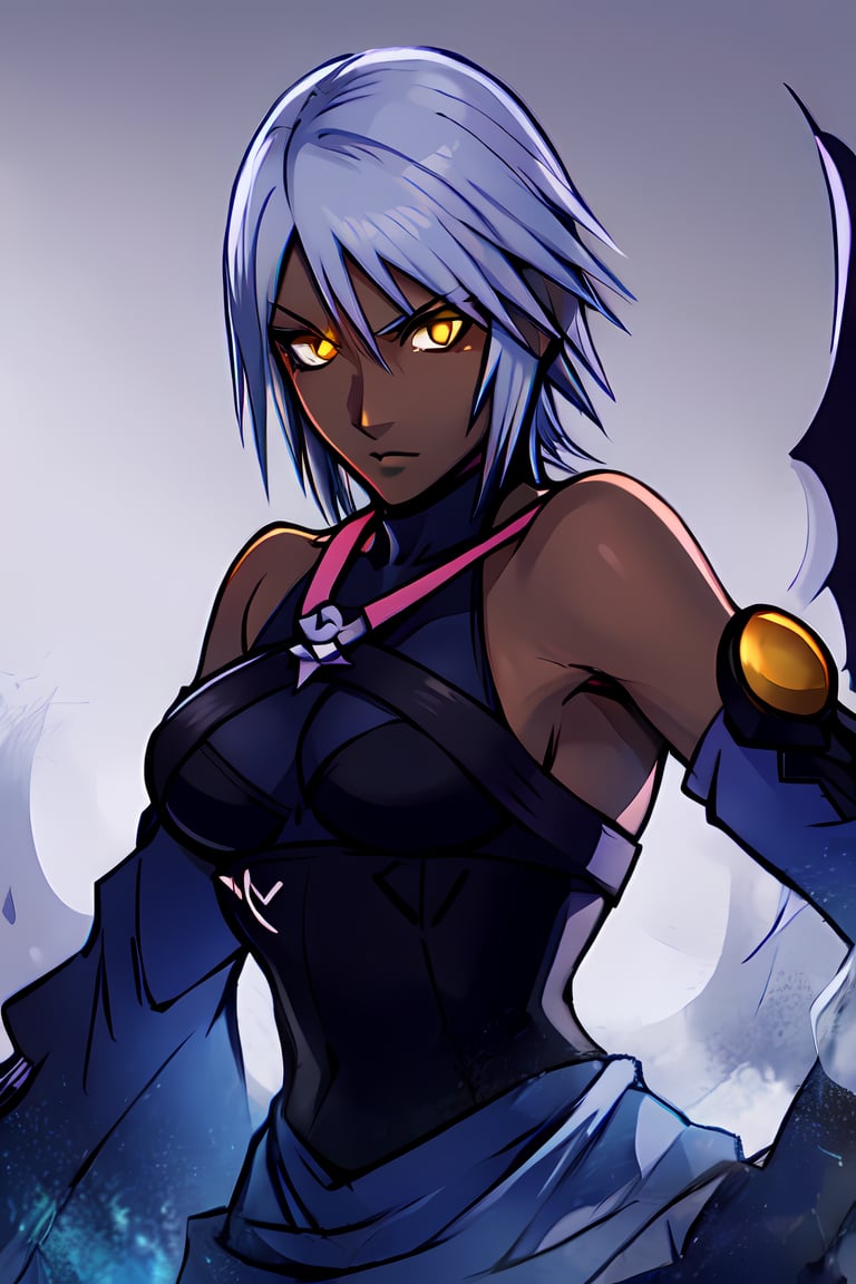 aqua \(kingdom hearts\),  1girl,  absurdres,  aura,  nomura tetsuya,  corruption,  dark-skinned female,  dark aura,  dark skin,  detached sleeves,  glowing,  glowing eyes,  grey background,  grey hair,  yellow eyes,  highres,  kingdom hearts,  kingdom hearts iii,  looking to the side,  serious,  short hair,  solo,  upper body, nomura tetsuya, aqua (kingdom hearts), <lora:EMS-46474-EMS:1.000000>, , <lora:EMS-4533-EMS:0.650000>