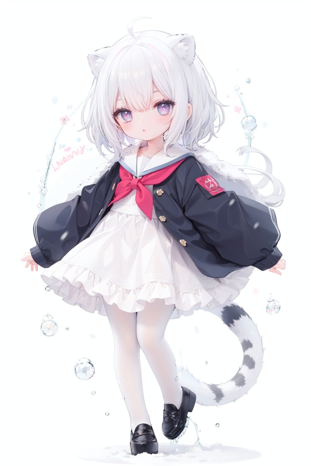 cute,Infant,solo blue shirt,blue sailor coat,loli,full body,white hair,snow leopard ear,white background,pink eyes,laugh,happy,white pantihose,white pantyhose,red armband,