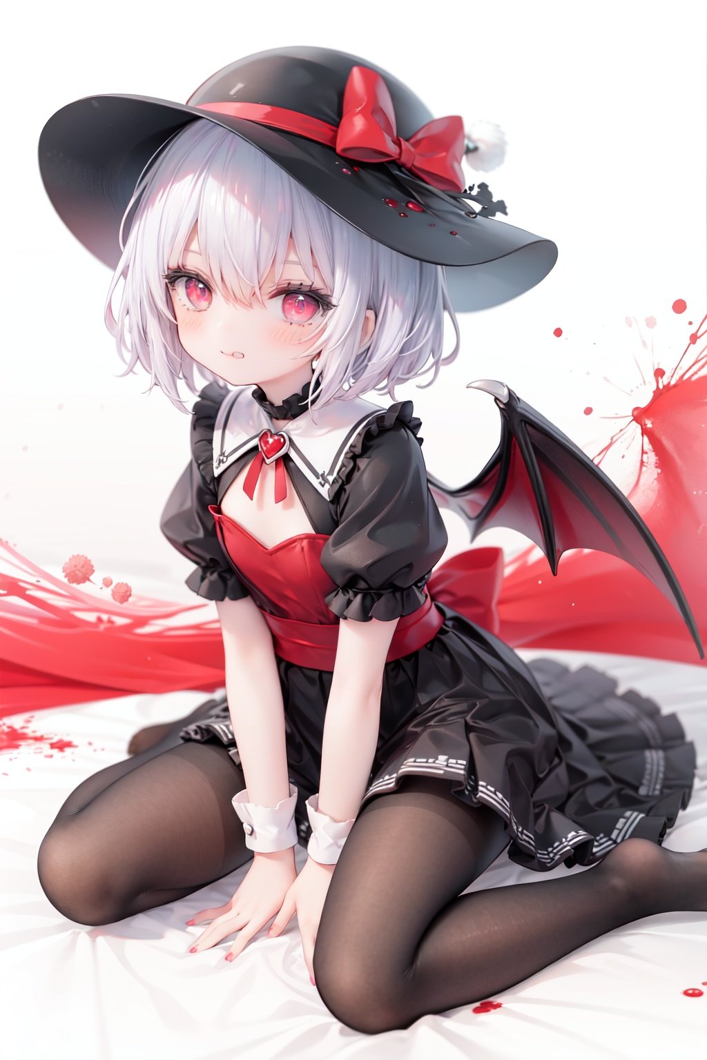 (little girl:1.4), (child:1.4),(petite:1.4), (loli:1.4),,,((solo:1.3)).,1girl, solo, wings, red eyes, hat, remilia scarlet, red background, mob cap, bat wings, ascot, blood, short sleeves, bow, short hair, ribbon, blood on hands, looking at viewer, simple background, full body, puffy sleeves, hat ribbon, blood on face, dress, brooch, red nails, pantyhose, red bow, puffy short sleeves, smile, black pantyhose, wrist cuffs, red ribbon, sitting, jewelry, red ascot, frills, hair between eyes, skirt, white dress, fingernails, sash, shirt, nail polish, no shoes, red theme, sharp fingernails, bangs, tongue, hat bow, grey hair, closed mouth, tongue out, white headwear, slit pupils, blood on clothes, skirt set, hand up, frilled sleeves, invisible chair, white skirt, vampire, frilled shirt collar/.,\nSolo,Battle, {{{{{Slash}}}}},Killing,Attacker,{{Fierce movement}},Ninja,Bloodstain,Core shadow,splatter,{Blood},{{{{Battle scene}}}},angry,Intricate,,{{{Dynamic angle}}},{Stylish pose},{High contrast,Extremely detailed CG unity 8K wallpaper} Sense of movement,blurry background,Kaotic,Lunatic,[[[[[hyper paint, rough design, flat color]]]]],Grin,Whole body,Colorful background,Intricate,Girl wearing black suit,Looking at viewers,{{Stylish}},Persona 5 style art,{{{all out attack(persona 5)}}}