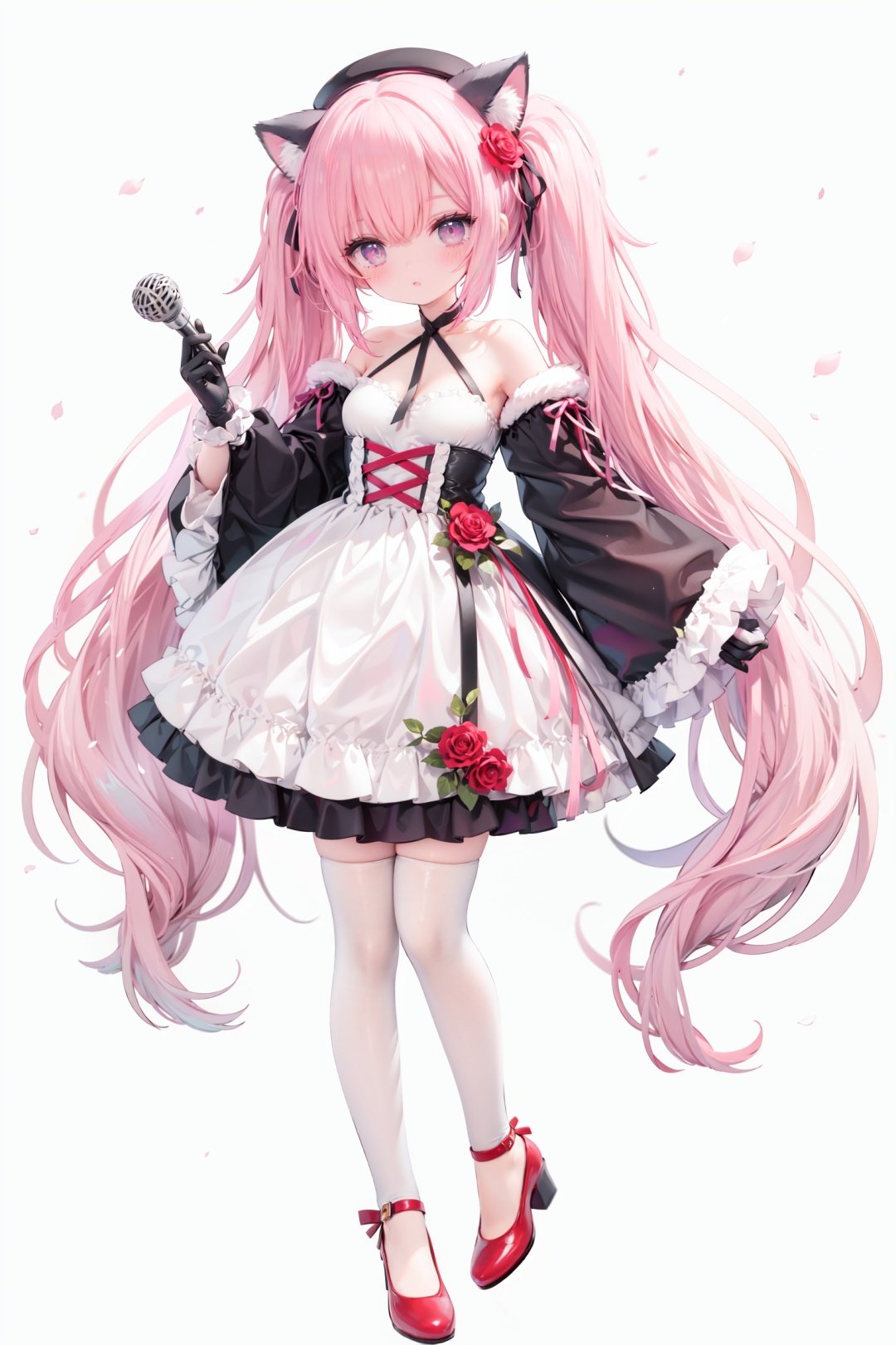 masterpiece, ((best quality)),  dynamic angle, chromatic aberration, ((colorful)),1girl, solo, flower, thighhighs, white thighhighs, gloves, red footwear, long hair, detached sleeves, animal ears, rose, blonde hair, looking at viewer, full body, hat, high heels, petals, dress, standing, twintails, wide sleeves, holding, shoes, frills, red flower, cat ears, bangs, microphone, long sleeves, white flower, hair ornament, white gloves, zettai ryouiki, bare shoulders, pink eyes, frilled dress, small breasts, breasts, closed mouth, skirt, beret, white headwear, very long hair, red eyes, red rose, white dress, blush, ribbon, black gloves, animal ear fluff, hair flower, pink flower