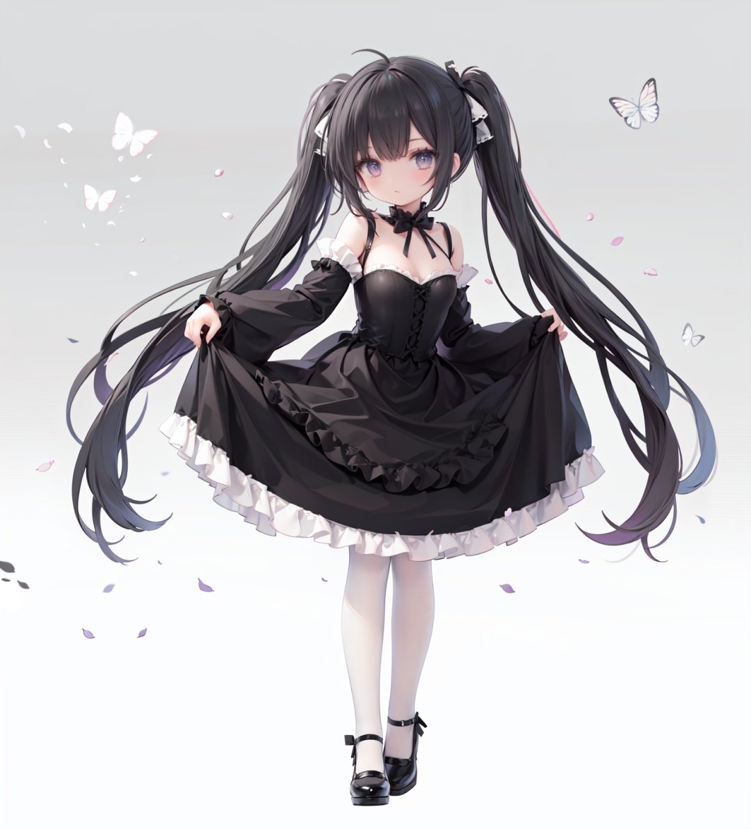 masterpiece, ((best quality)),  dynamic angle, chromatic aberration, ((colorful)),1girl, solo, black hair, long hair, dress, butterfly, bug, twintails, black footwear, lolita fashion, very long hair, pantyhose, black dress, long sleeves, bow, full body, bangs, flower, puffy sleeves, standing on one leg, shoes, white pantyhose, hair bow, looking at viewer, grey eyes, frills, standing, gothic lolita, blush, juliet sleeves, black bow, frilled dress, white flower, rose, closed mouth, skirt hold, petals, wide sleeves, mary janes, white rose