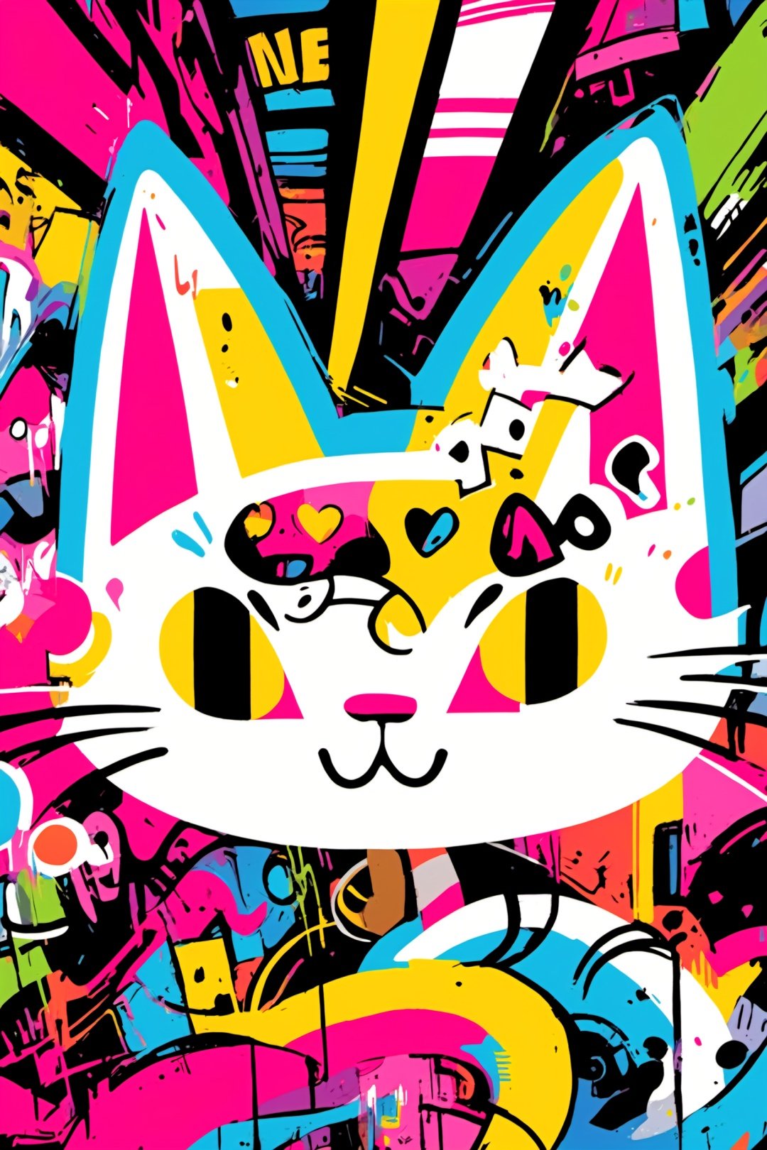 A white cat, graffiti, colorful