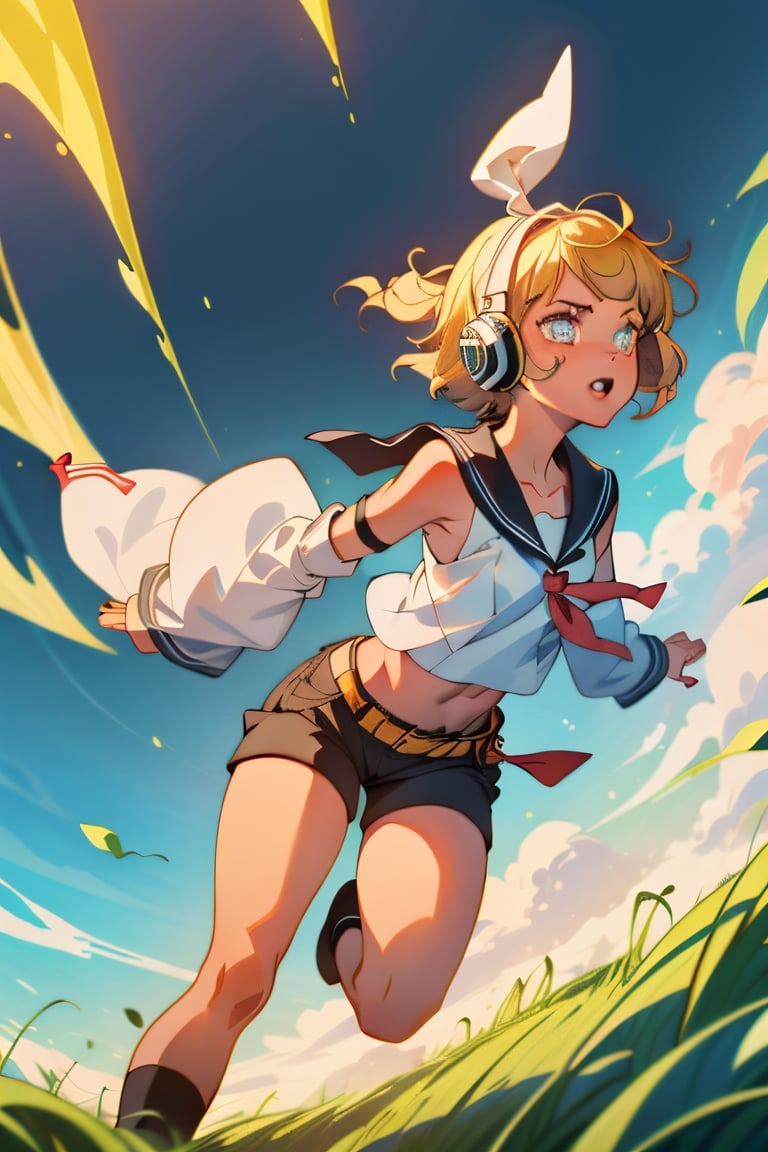 masterpiece, best quality, Rin Kagamine, glowing eyes, short hair, number tattoo, bow, white shirt, detached sleeves, belt, sailor collar, headphones, shorts, leg warmers