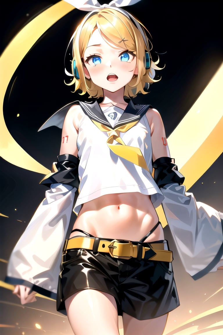 masterpiece, best quality, Rin Kagamine, glowing eyes, short hair, number tattoo, bow, white shirt, detached sleeves, belt, sailor collar, headphones, shorts, leg warmers