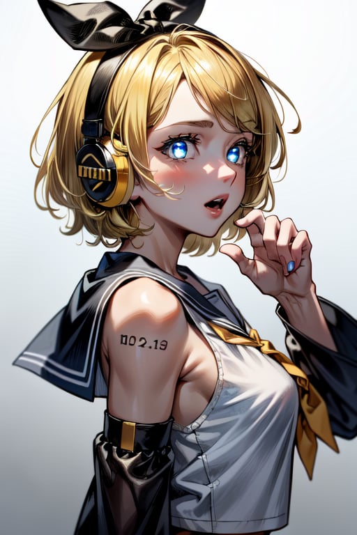 masterpiece, best quality, absurdres, perfect anatomy, 1girl, solo, Rin Kagamine, glowing eyes, short hair, hair ribbon, number tattoo, bow, white shirt, detached sleeves, sailor collar, headphones, close up, (upper body:1.2), from side,Rin Kagamine