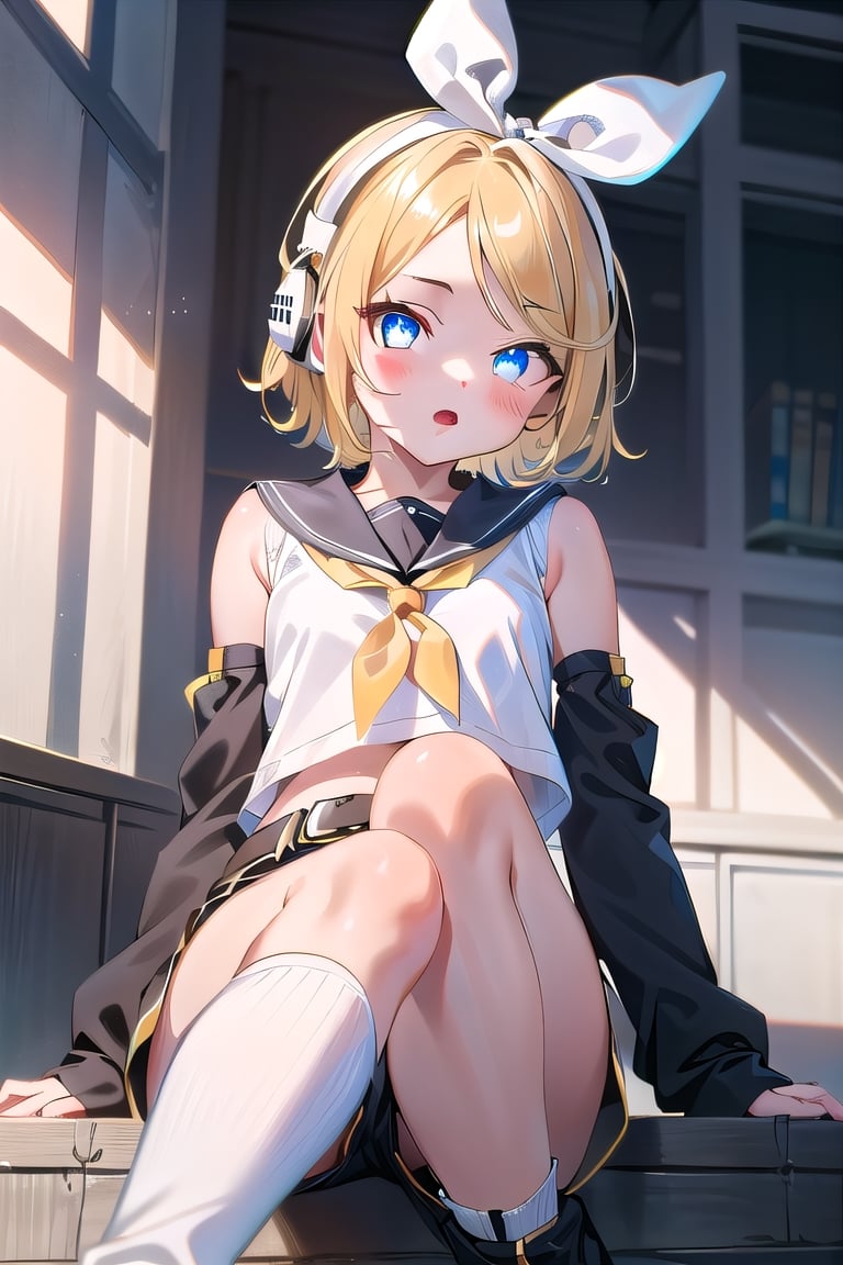 masterpiece, best quality, Rin Kagamine, glowing eyes, short hair, number tattoo, bow, white shirt, detached sleeves, belt, sailor collar, headphones, shorts, leg warmers