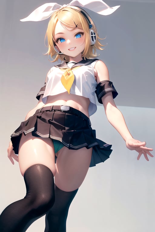 rin kagamine, blonde hair, blue eyes, hair bow, headset, short hair, headphones,bare shoulders, belt, black sailor collar, black shorts, bow, crop top, detached sleeves, grey legwear, grey shorts, grey sleeves, hair bow, leg warmers, neckerchief, sailor collar, school uniform, shirt, mini skirt, short sleeves, shorts, white bow, white footwear, white shirt, yellow neckerchief, from below, pink panties,(best quality, masterpiece, RAW photo,ultra-detailed:1.2), ,1girl,solo,looking at viewer,smile,Rin Kagamine