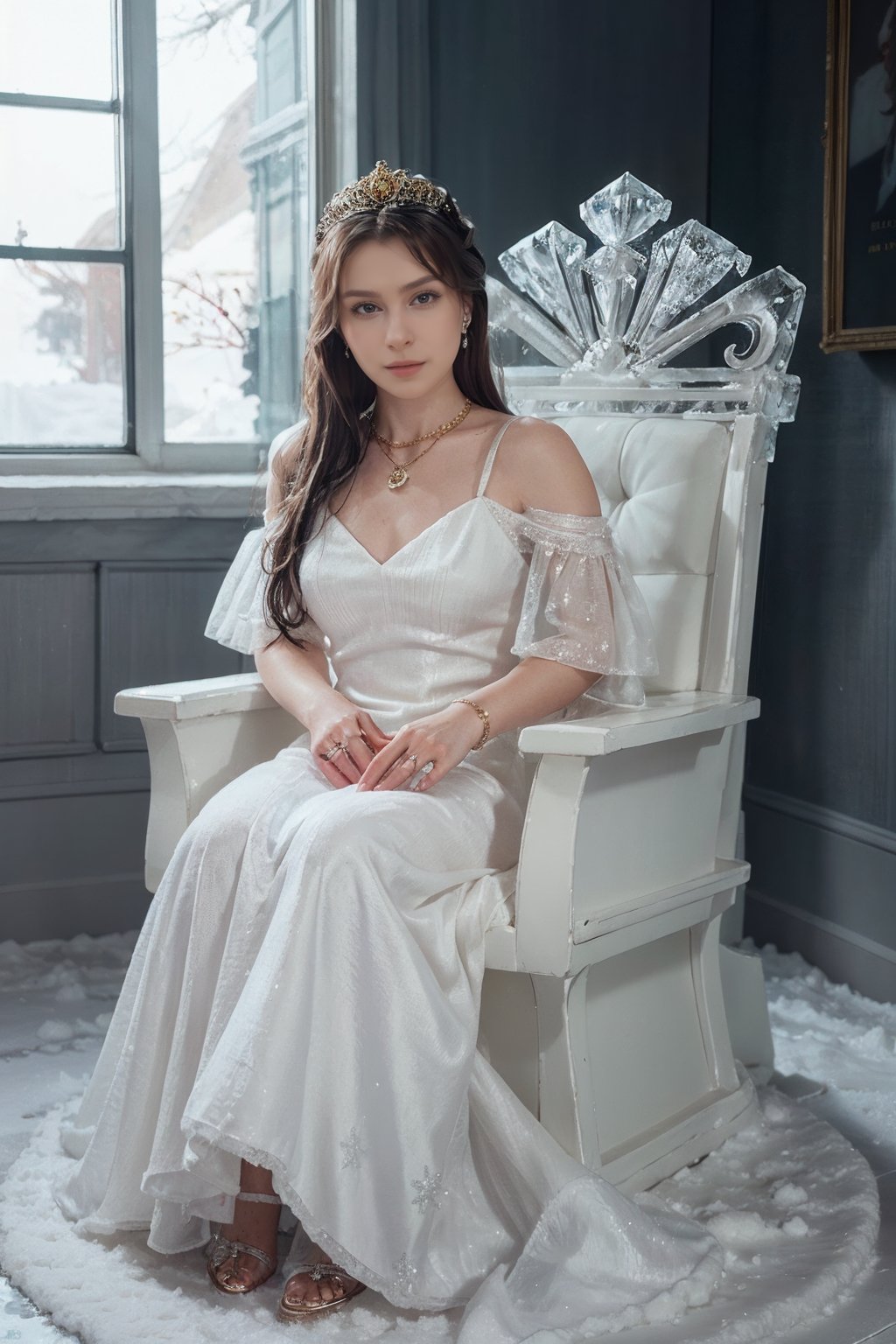 4nn4,Snow_Angel, Frozen, ((best quality)), ((masterpiece)), ((realistic)), ((18-year-old girl as a snow angel princess in a fantasy golden throne room, frozen, mystic fog, frost flowers)), In the grandeur of a throne room, an 18-year-old girl embodies the enchantment of a snow angel princess. Adorned with elegant earrings, intricate jewelry, and a tribal tattoo, she exudes a sense of regality and grace. Her flowing hair, infused with a radiant glow, cascades around her, accentuated by an ethereal ice hair ornament and a necklace fashioned from glistening ice. Her sharp eyes captivate with a blend of determination and wisdom. Draped in a dress of ice, she personifies the beauty and power of the frozen realm. The throne room, adorned with golden ornaments and surrounded by an icy atmosphere, emanates an otherworldly charm. Swirling fog and the cold permeate the air, creating an ambiance of mystique. A large watch prominently displays the passage of time, a symbol of her royal lineage. Paintings and lush plants add touches of color amidst the frozen surroundings, while water flows gracefully, mirroring the princess's elegance. Ice shards glimmer and sparkle, reflecting light and emitting delicate sparks, guided by the whims of the wind. The blurry background and bokeh lend a dreamlike quality to the scene, accentuated by gentle sidelight that casts a soft glow on her face. Against a light backdrop, the composition showcases the Tyndall Effect, infusing the air with a captivating vibrancy. The vibrant colors and meticulous attention to detail make this artwork a true cinematic masterpiece, capturing the majesty, beauty, and magic of the snow angel princess in her icy domain. (Haircut model by Wispy bangs, possed is Running pose, sharp dark brown, shooting angle is Wide-angle view, time is Low-Key Lighting),, <lora:4nn4-04:1> 