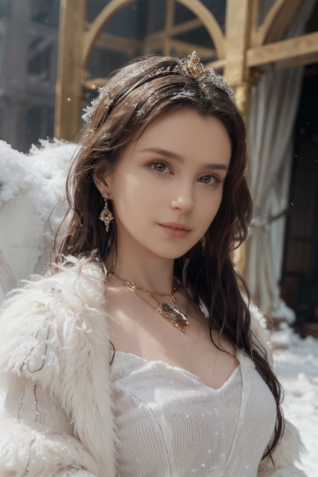 4nn4,Snow_Angel, Frozen, ((best quality)), ((masterpiece)), ((realistic)), ((18-year-old girl as a snow angel princess in a fantasy golden throne room, frozen, mystic fog, frost flowers)), In the grandeur of a throne room, an 18-year-old girl embodies the enchantment of a snow angel princess. Adorned with elegant earrings, intricate jewelry, and a tribal tattoo, she exudes a sense of regality and grace. Her flowing hair, infused with a radiant glow, cascades around her, accentuated by an ethereal ice hair ornament and a necklace fashioned from glistening ice. Her sharp eyes captivate with a blend of determination and wisdom. Draped in a dress of ice, she personifies the beauty and power of the frozen realm. The throne room, adorned with golden ornaments and surrounded by an icy atmosphere, emanates an otherworldly charm. Swirling fog and the cold permeate the air, creating an ambiance of mystique. A large watch prominently displays the passage of time, a symbol of her royal lineage. Paintings and lush plants add touches of color amidst the frozen surroundings, while water flows gracefully, mirroring the princess's elegance. Ice shards glimmer and sparkle, reflecting light and emitting delicate sparks, guided by the whims of the wind. The blurry background and bokeh lend a dreamlike quality to the scene, accentuated by gentle sidelight that casts a soft glow on her face. Against a light backdrop, the composition showcases the Tyndall Effect, infusing the air with a captivating vibrancy. The vibrant colors and meticulous attention to detail make this artwork a true cinematic masterpiece, capturing the majesty, beauty, and magic of the snow angel princess in her icy domain. (Haircut model by Wispy bangs, possed is Running pose, sharp dark brown, shooting angle is Wide-angle view, time is Low-Key Lighting),, <lora:4nn4-04:1> 