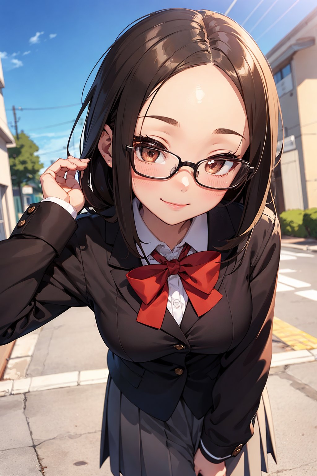 1girl,,solo,, school uniform,brown_eyes, black_hair, straight hair, lips,  (forehead:1.3),cute, medium breasts, plump,petite,loli,glasses,,closed mouth, convergent strabismus, bashful, shy, blushing,smile,(anime:1.3)(flat:1.3)