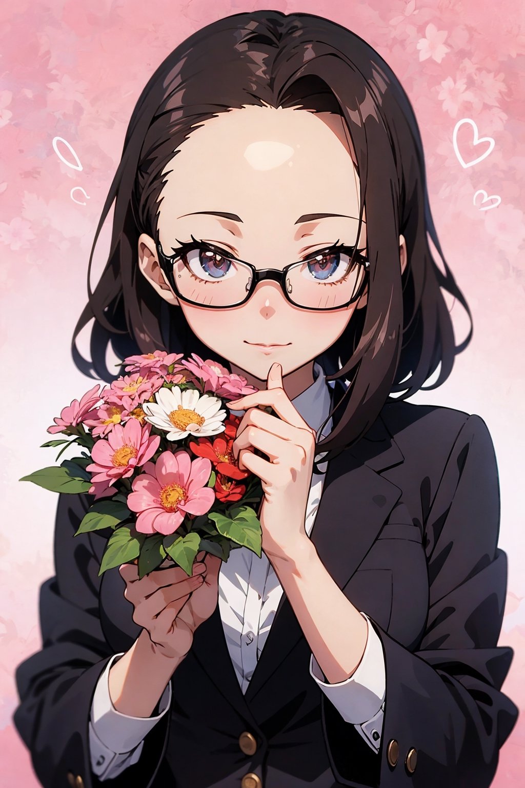 best quality,  masterpiece,  ultra high res,  RAW photo
1girl,  (suit:1.3),  brown_eyes,  black_hair,  straight hair,  lips,  (forehead:1.3),  cute,  medium breasts,  plump,  petite,  loli,  glasses,       
,  closed mouth,  convergent strabismus,  bashful,  shy,  blushing,  smile,  (anime:1.3)(illustration:1.3)

BREAK
morning,  Cheerfully greeting everyone,  colourful background,  Model shooting style
(anime:1.5)
BREAK
(holding a bouquet of flower,  :1.3)
