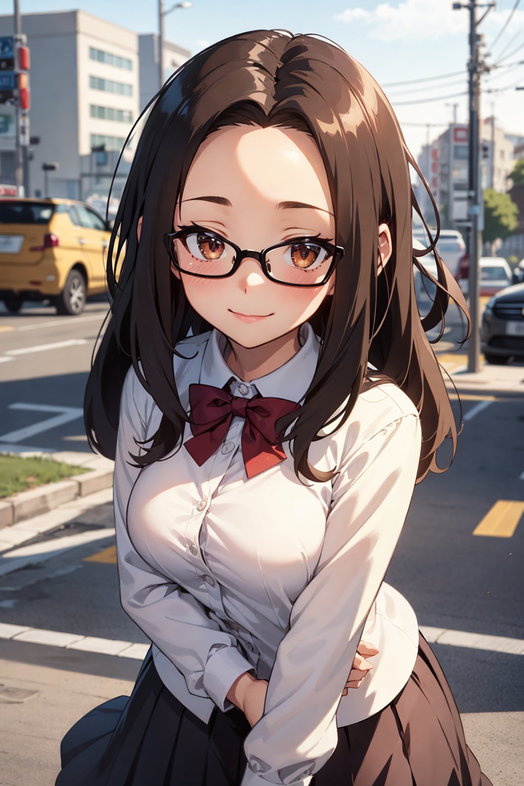 1girl,,solo,, school uniform,brown_eyes, black_hair, straight hair, lips,  (forehead:1.3),cute, medium breasts, plump,petite,loli,glasses,,closed mouth, convergent strabismus, bashful, shy, blushing,smile,(anime:1.3)(flat:1.3)