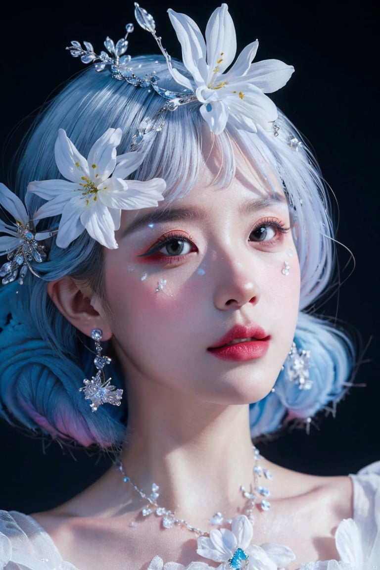 white theme,  snowflakes,  looking at viewer,  portrait,  colorful hair,  jewelry,  close up,  ultra high res,  deep shadow, (best quality,  masterpiece),  dimly lit,  shade, highly detailed,  bold makeup,  flower,  simple background,  depth of field,  film grain,  fashion_girl,  accessories, High detailed, <lora:EMS-46818-EMS:0.700000>