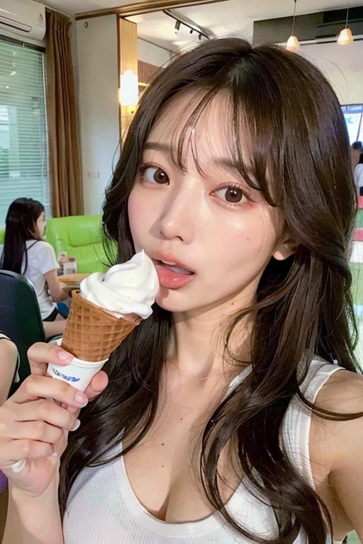 long hair, multiple girls, brown hair, black hair, 2girls, food, tongue, yuri, licking, realistic, ice cream, ice cream cone, underwear, huge breast, nsfw, sexy<lora:JPGirlEatIceCreamMix1:0.8>