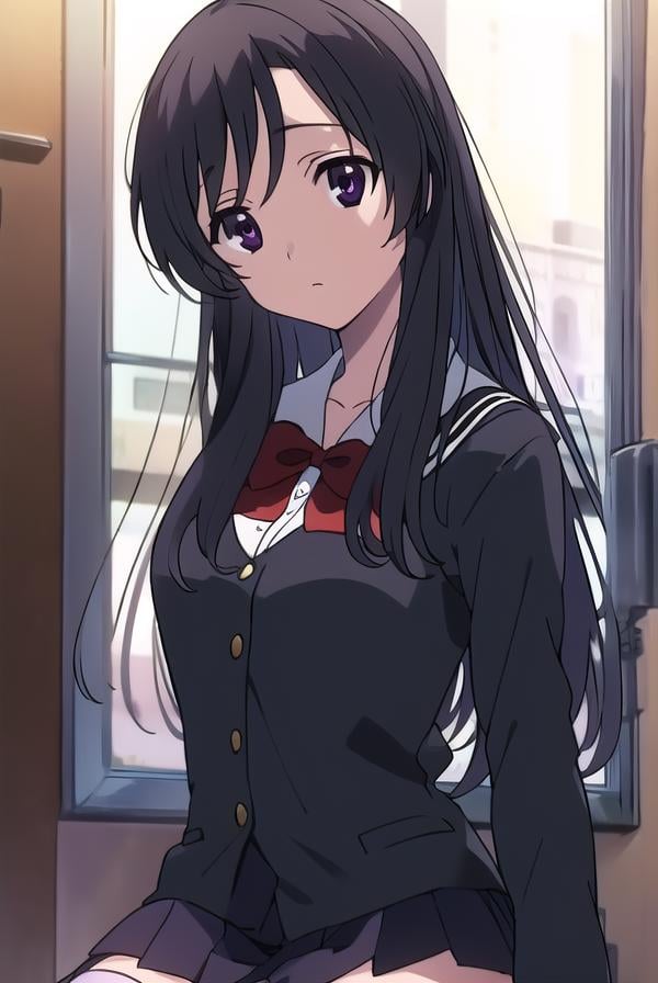 kotonohakatsura, <lyco:kotonohaAL-Lycoristest:1>,kotonoha katsura, (black eyes:1.4), black hair, long hair,BREAK black thighhighs, bow, red bow, school uniform, skirt, thighhighs, zettai ryouiki,BREAK looking at viewer,BREAK indoors, classroom,BREAK <lora:GoodHands-vanilla:1>, (masterpiece:1.2), best quality, high resolution, unity 8k wallpaper, (illustration:0.8), (beautiful detailed eyes:1.6), extremely detailed face, perfect lighting, extremely detailed CG, (perfect hands, perfect anatomy),