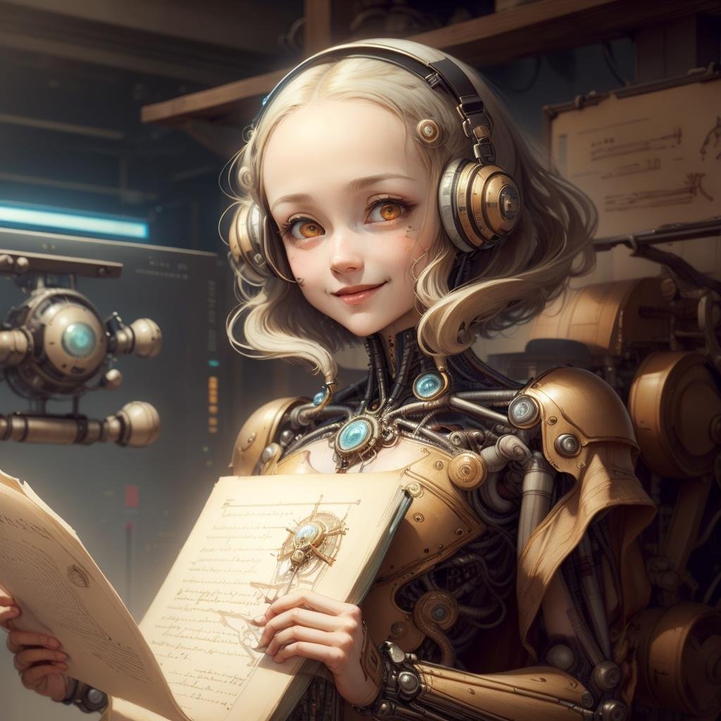 <lora:DaVinciTech-25:1>, scifi, davincitech, by leonardo da vinci,   scholar , scroll, 1girl,short hair, glowing energy hair, glowing eyes, smile ,closed mouth,