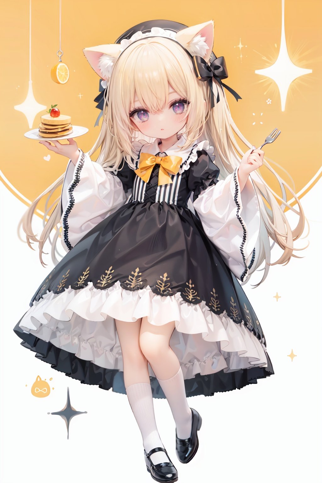 (cinematic lighting),  dreamy atmosphere,  Ray tracing,  (((solo))),  (loli:1.5),  (child:1.5),  (petite:1.5),  green eyes,  (animal ears),  dress,  solo,  food,  blonde hair,  open mouth,  long hair,  pancake,  flower,  holding,  bow,  smile,  fork,  bird,  socks,  looking at viewer,  shoes,  striped background,  holding fork,  bonnet,  striped,  frills,  long sleeves,  :d,  yellow dress,  bangs,  eyebrows visible through hair,  blush,  green nails,  hair bow,  nail polish,  diagonal stripes,  chick,  sparkle,  frilled dress,  orange bow,  fruit,  full body,  :3,  hair between eyes,  green bow,  puffy sleeves,  heart,  lemon,  orange footwear,  animal ear fluff,  white bow,  cat ears,  bobby socks,  orange headwear,  see-through sleeves,  blue background,  striped bow,  hair ornament,  white legwear,  mary janes