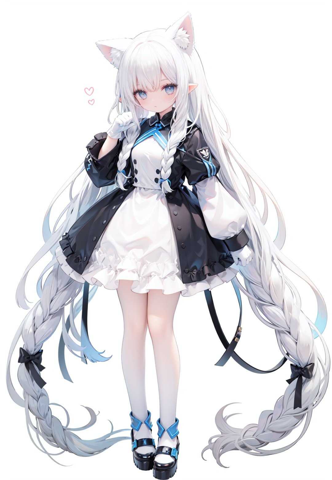 1girl, white_gloves, braid, full_body, gloves, long_hair, official_alternate_costume, pointy_ears, simple_background, solo, standing, very_long_hair, white_background,white hair,blue eyes,paw claw pose, open_mouth,