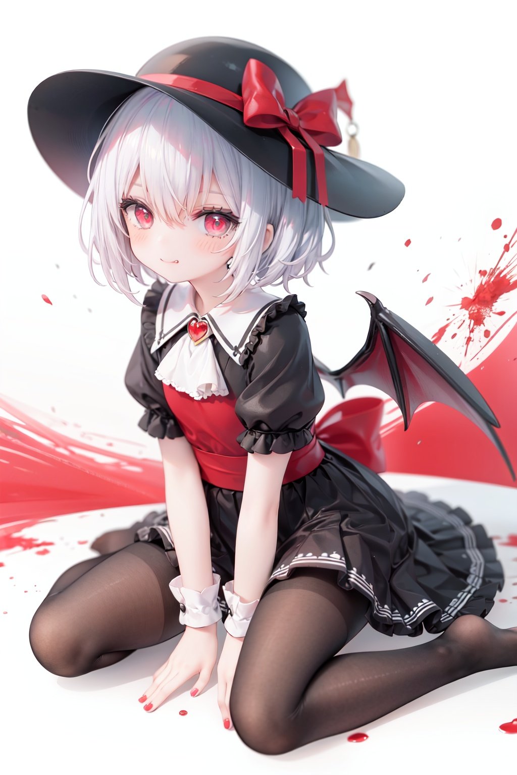 (little girl:1.4), (child:1.4),(petite:1.4), (loli:1.4),,,((solo:1.3)).,1girl, solo, wings, red eyes, hat, remilia scarlet, red background, mob cap, bat wings, ascot, blood, short sleeves, bow, short hair, ribbon, blood on hands, looking at viewer, simple background, full body, puffy sleeves, hat ribbon, blood on face, dress, brooch, red nails, pantyhose, red bow, puffy short sleeves, smile, black pantyhose, wrist cuffs, red ribbon, sitting, jewelry, red ascot, frills, hair between eyes, skirt, white dress, fingernails, sash, shirt, nail polish, no shoes, red theme, sharp fingernails, bangs, tongue, hat bow, grey hair, closed mouth, tongue out, white headwear, slit pupils, blood on clothes, skirt set, hand up, frilled sleeves, invisible chair, white skirt, vampire, frilled shirt collar/.,\nSolo,Battle, {{{{{Slash}}}}},Killing,Attacker,{{Fierce movement}},Ninja,Bloodstain,Core shadow,splatter,{Blood},{{{{Battle scene}}}},angry,Intricate,,{{{Dynamic angle}}},{Stylish pose},{High contrast,Extremely detailed CG unity 8K wallpaper} Sense of movement,blurry background,Kaotic,Lunatic,[[[[[hyper paint, rough design, flat color]]]]],Grin,Whole body,Colorful background,Intricate,Girl wearing black suit,Looking at viewers,{{Stylish}},Persona 5 style art,{{{all out attack(persona 5)}}}