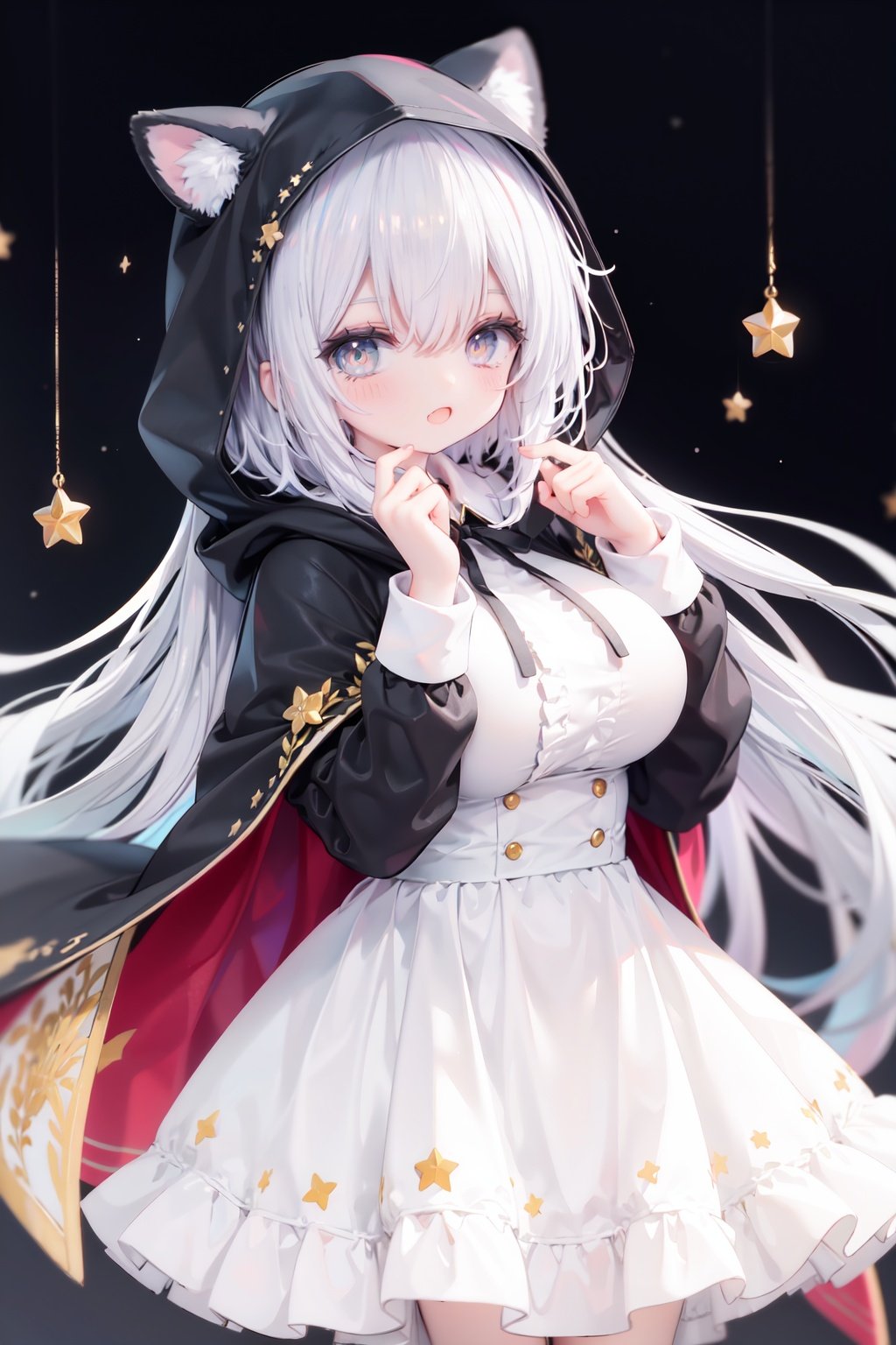 masterpiece, ((best quality)),  dynamic angle, chromatic aberration, ((colorful)),1girl, solo, hood, animal hood, breasts, frills, smile, hood up, yellow eyes, capelet, hair between eyes, blush, dress, long sleeves, looking at viewer, animal ears, large breasts, black ribbon, bangs, puffy long sleeves, :d, frilled dress, hand up, open mouth, white dress, puffy sleeves, hooded capelet, virtual *******r, frilled capelet, fang, white capelet, star (symbol)