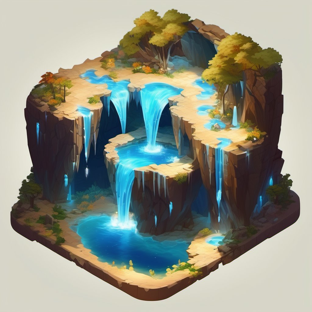 The big bright cave is lit by flowing blue water that glows with waterfalls and white leafy trees,isometric style