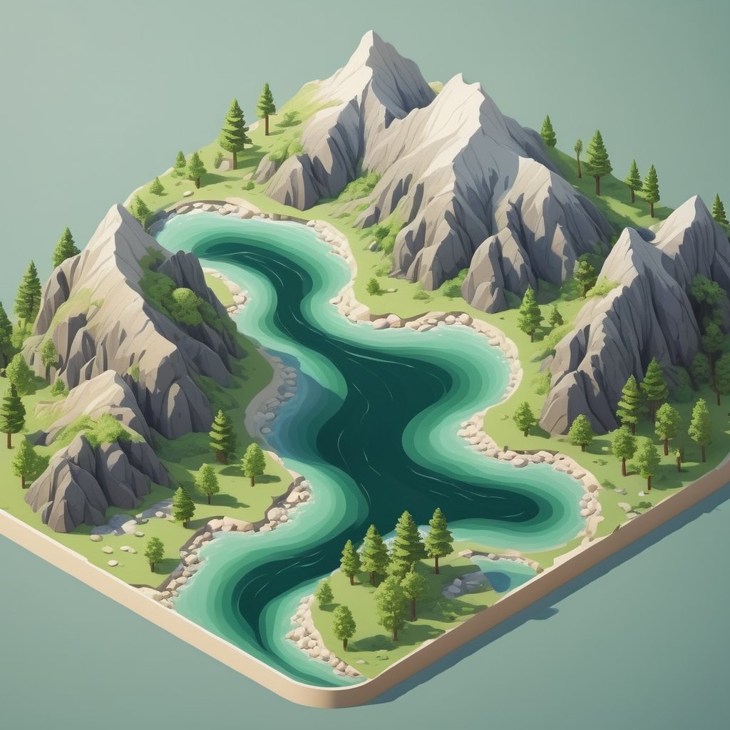 picture of river flowing in beautiful mountains clear water and green trees,isometric style