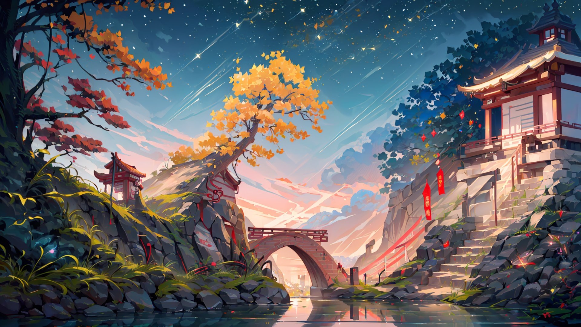 (((masterpiece))), ((extremely detailed CG unity 8k wallpaper)), best quality, high resolution illustration, Amazing, highres, intricate detail, (best illumination, best shadow, an extremely delicate and beautiful),
2D ConceptualDesign, scenery, outdoors, cloud, (night:1.3),(chinese new year:1.2), sky, tree, blue sky, mountain, landscape, water, backpack