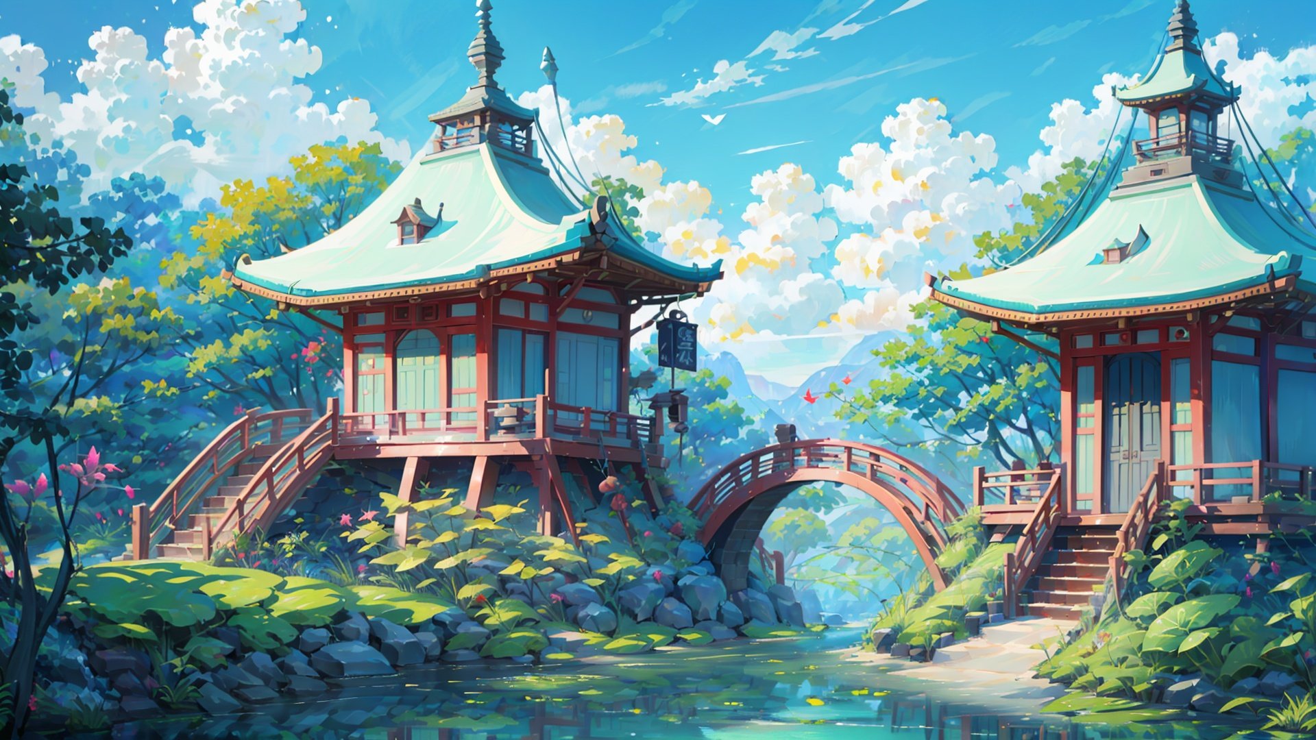 (((masterpiece))), ((extremely detailed CG unity 8k wallpaper)), best quality, high resolution illustration, Amazing, highres, intricate detail, (best illumination, best shadow, an extremely delicate and beautiful),

2D ConceptualDesign, scenery, outdoors, bridge, east asian architecture, tree, cloud, architecture, lily pad, sky, day, pagoda, water, river