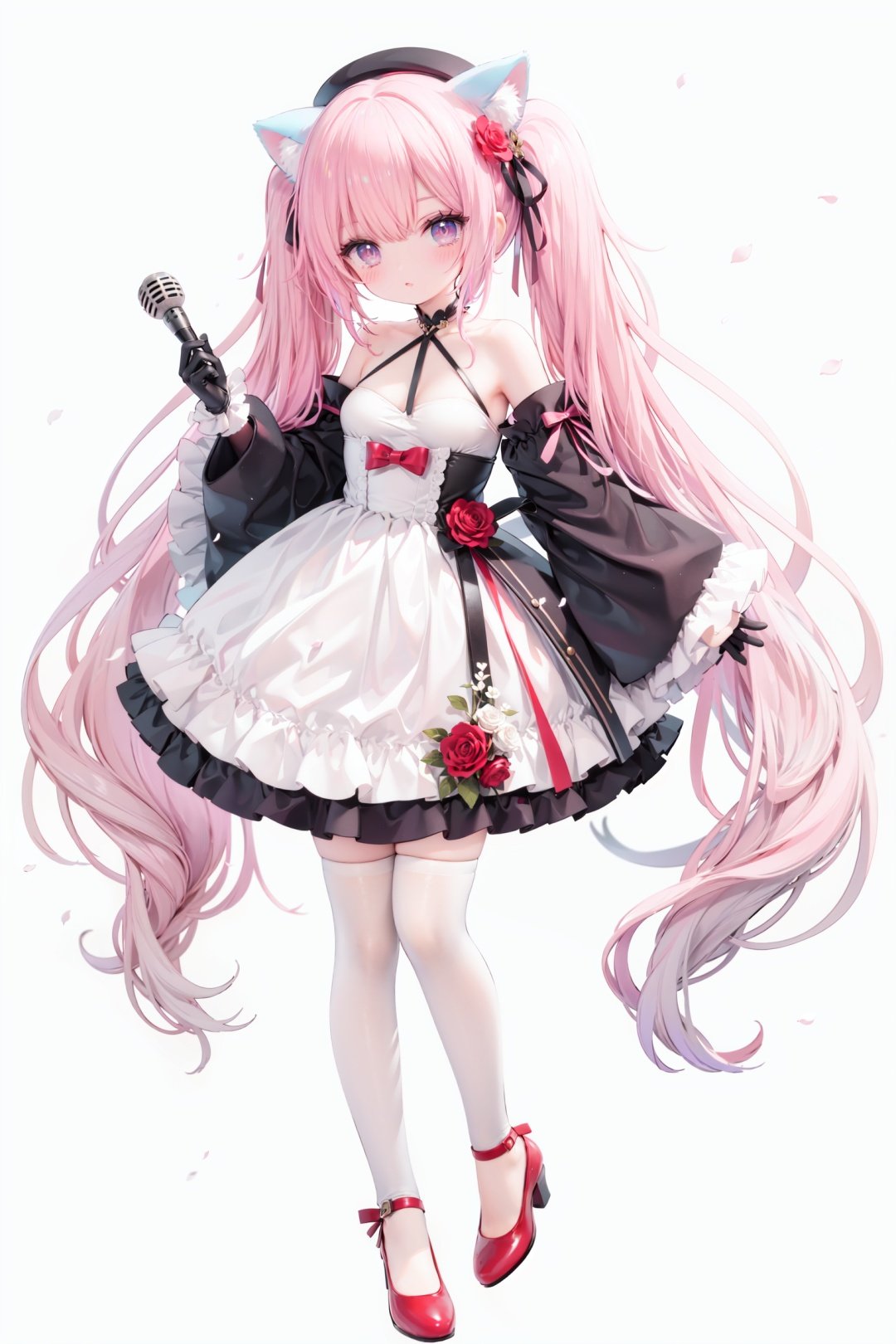 masterpiece, ((best quality)),  dynamic angle, chromatic aberration, ((colorful)),1girl, solo, flower, thighhighs, white thighhighs, gloves, red footwear, long hair, detached sleeves, animal ears, rose, blonde hair, looking at viewer, full body, hat, high heels, petals, dress, standing, twintails, wide sleeves, holding, shoes, frills, red flower, cat ears, bangs, microphone, long sleeves, white flower, hair ornament, white gloves, zettai ryouiki, bare shoulders, pink eyes, frilled dress, small breasts, breasts, closed mouth, skirt, beret, white headwear, very long hair, red eyes, red rose, white dress, blush, ribbon, black gloves, animal ear fluff, hair flower, pink flower