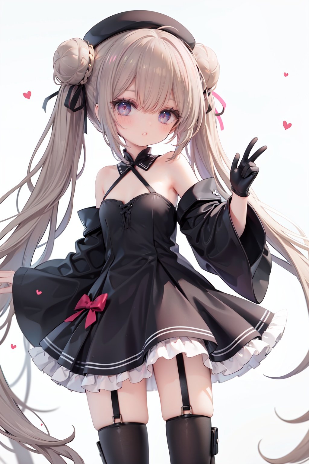 1girl, dress, double bun, hair bun, long hair, black dress, twintails, looking at viewer, smile, hat, bangs, brown hair, white background, solo, open mouth, blush, black headwear, very long hair, garter straps, thighhighs, bare shoulders, beret, :d, ribbon, black gloves, simple background, long sleeves, nail polish, black footwear, red ribbon, bow, gloves, wide sleeves, animal, hair ribbon, boots, red nails, sheath, sheathed, hair between eyes