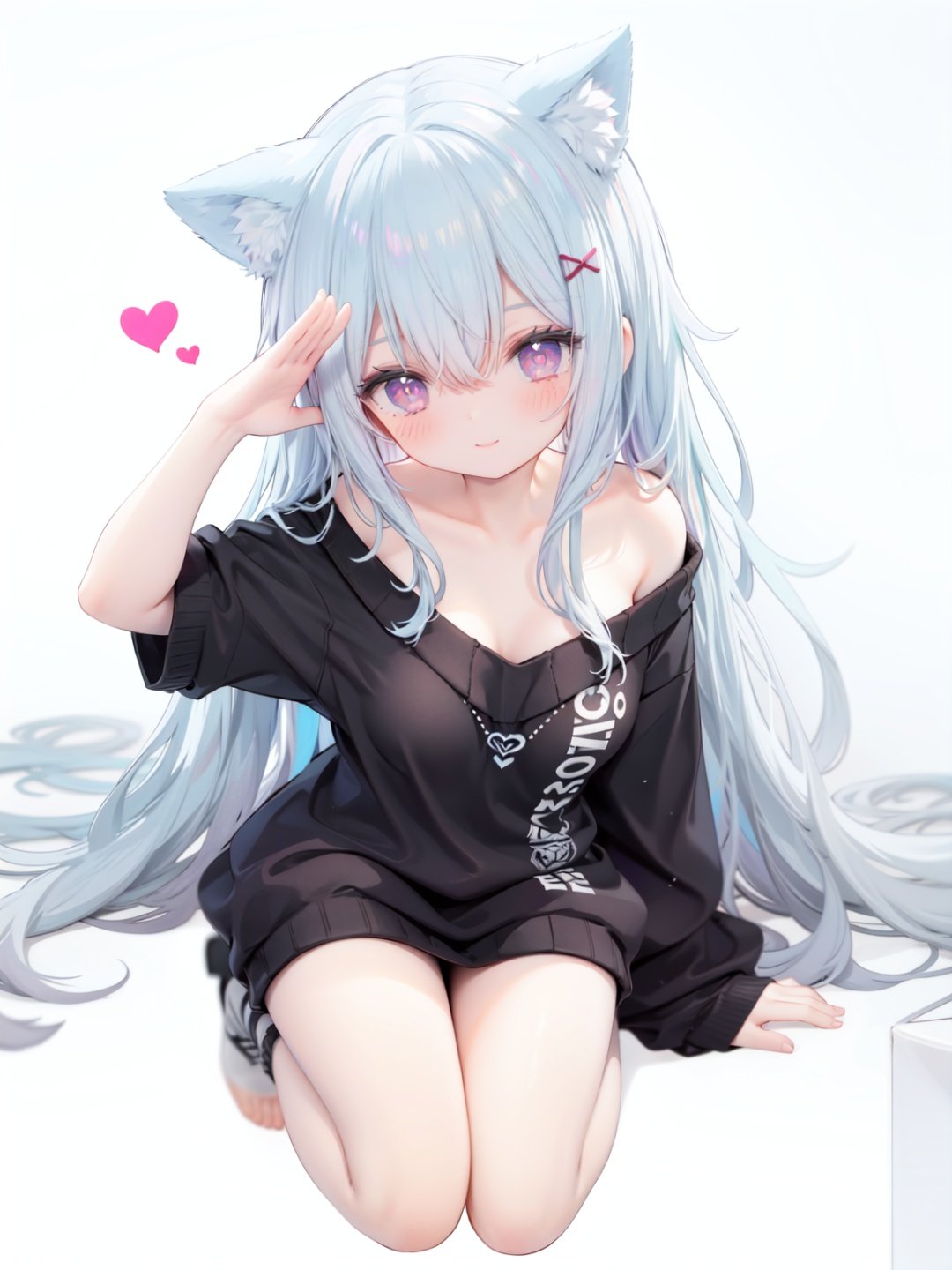 petite, loli, solo, animal ears, heart, puffy short sleeves, blue hair, long hair, off shoulder, bangs, hair ornament, gradient background,rainbow gradient, x hair ornament, animal ear fluff, looking at viewer, very long hair, blush, smile, cat ears, bare shoulders, collarbone, hand up, gradient sweater, hair between eyes, symbol-shaped pupils, arm up, heart-shaped pupils, hairclip, medium breasts, salute, bare legs,full body