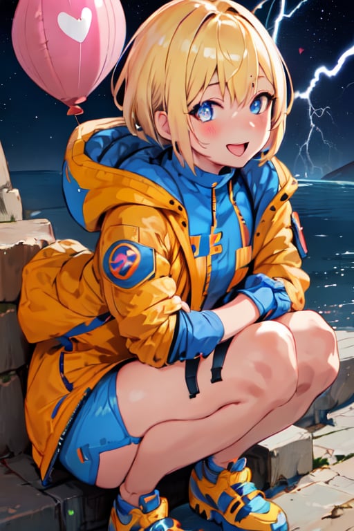 wattson, highres, apex legends, yellow sweater, wattson (apex legends), hood, balloon, blue footwear, heart, looking at viewer, pink headwear, smile, animification, blush, sweater, eyebrows hidden by hair, blue jacket, hooded jacket, blue eyes, purple eyeshadow, holding balloon, eyeshadow, makeup, open mouth, star (symbol), holding, blonde hair, pink bodysuit, kawaii voltage wattson, knee pads, osushimax, ribbed sweater