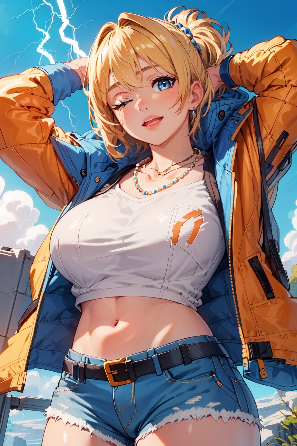 , wattson (apex legends), masterpiece, best quality, 1girl, solo, one eye closed, shorts, belt, blue eyes, open mouth, blonde hair, bird, necklace, smile, denim, dove, navel, looking at viewer, blush, jewelry, denim shorts, arms up, bead necklace, midriff, beads, long sleeves, scar, scar on face, scar on cheek, burn scar, bangs,
