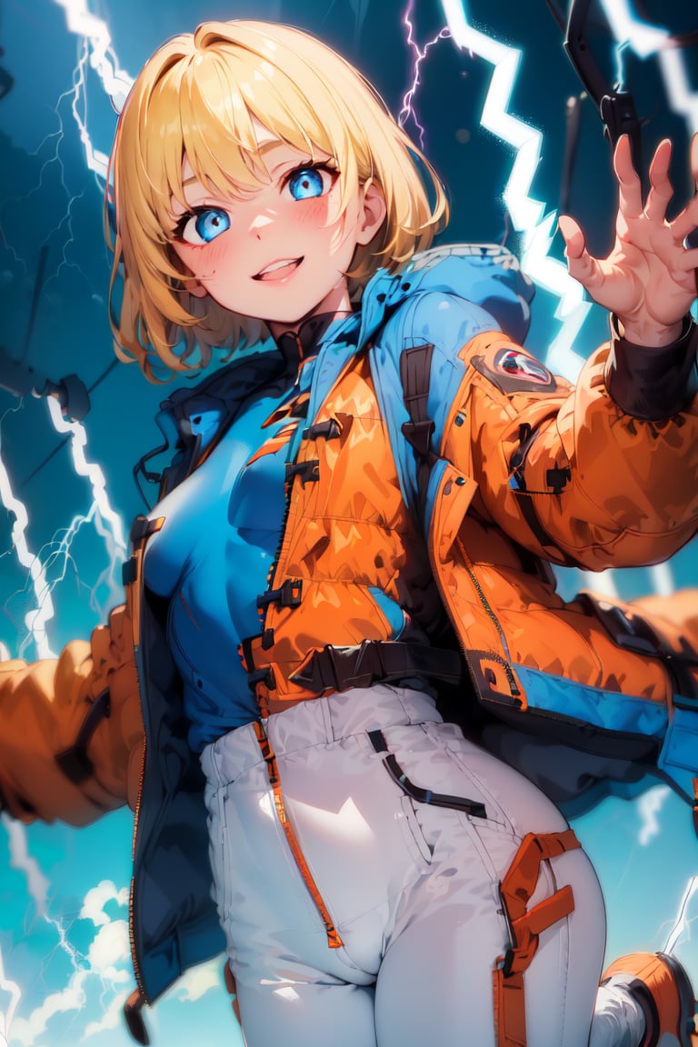 1girl, young girl jumping in air, (smile), great fire behind girl, (electricity:1.5),(blue explosion:1.2),
laboratory, operating room,operating table, operating machine,
solo, wattson, masterpiece, highly detailed, blue eyes, detailed eyes, expressive detailed eyes, wide eyed, detailed pupils, blonde hair, short hair, orange jacket, jacket, blue shirt, blue top, blue skinsuit, white pants, blush, plain background 
