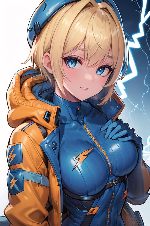 highres, apex legends, blue bodysuit, wattson (apex legends), lightning bolt symbol, v-shaped eyebrows, absurdres, hooded jacket, ribbed bodysuit, white background, hooded bodysuit, smile, blue headwear, orange jacket, own hands together, bangs, hood, medium breasts, dated, animification, shirogane anzu (ginkgo), artist name,wattson