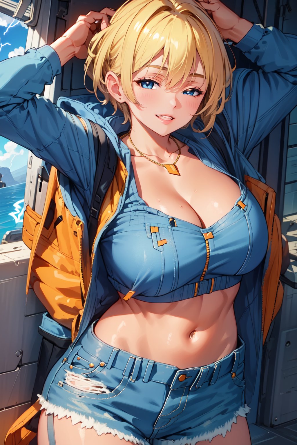 , wattson (apex legends), masterpiece, best quality, 1girl, solo, one eye closed, shorts, belt, blue eyes, open mouth, blonde hair, bird, necklace, smile, denim, dove, navel, looking at viewer, blush, jewelry, denim shorts, arms up, bead necklace, midriff, beads, long sleeves, scar, scar on face, scar on cheek, burn scar, bangs,
