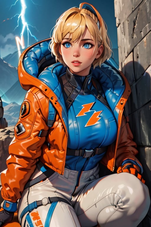 hooded bodysuit,  bodysuit,  white bodysuit,  hood,  jacket,  orange jacket,  gloves,  knee pads,  hooded jacket,  blue gloves,  ribbed bodysuit,  blue bodysuit,  thigh strap,  cable,  blue headwear,  bangs,  blonde hair,  blue eyes,  scar,  scar on face,  scar on cheek,  burn scar,  wattson (apex legends), wattson (apex legends), wattson, 