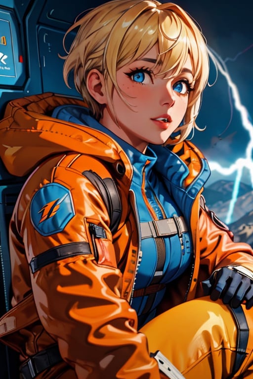 hooded bodysuit,  bodysuit,  white bodysuit,  hood,  jacket,  orange jacket,  gloves,  knee pads,  hooded jacket,  blue gloves,  ribbed bodysuit,  blue bodysuit,  thigh strap,  cable,  blue headwear,  bangs,  blonde hair,  blue eyes,  scar,  scar on face,  scar on cheek,  burn scar,  wattson (apex legends), wattson (apex legends), wattson, 