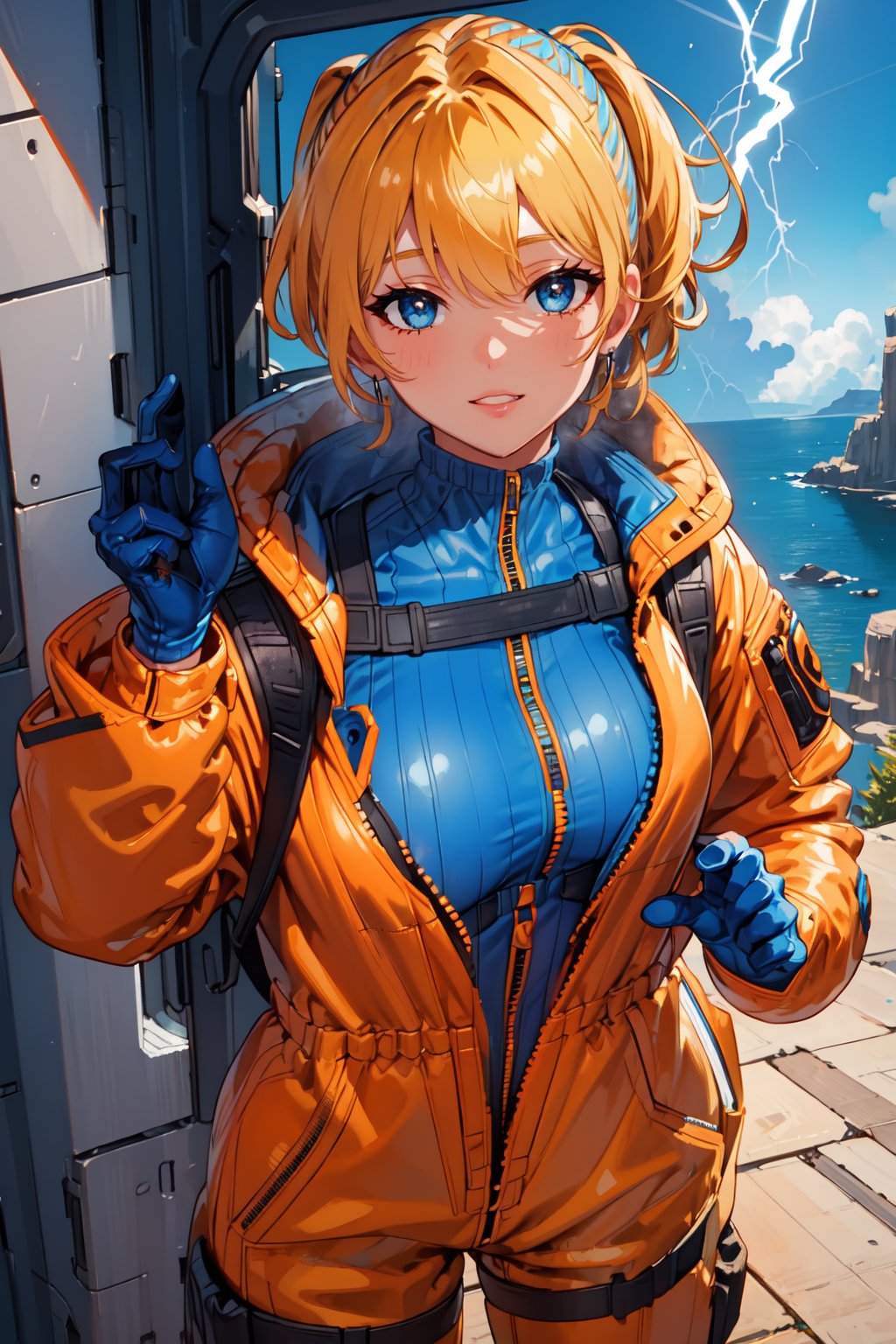 , wattson (apex legends), masterpiece, best quality, 1girl, solo, hooded bodysuit, bodysuit, white bodysuit, hood, scar, jacket, scar on face, scar on cheek, orange jacket, bangs, gloves, blonde hair, blue eyes, knee pads, hooded jacket, blue gloves, ribbed bodysuit, blue bodysuit, thigh strap, burn scar, looking at viewer, cable, open hands, standing , blue headwear, smile, cowboy shot,
