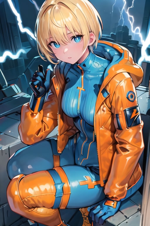 wattson, blonde hair, short hair, hooded bodysuit, bodysuit, white bodysuit, hood, jacket, orange jacket, gloves, knee pads, hooded jacket, blue gloves, ribbed bodysuit, blue bodysuit, thigh strap, cable,