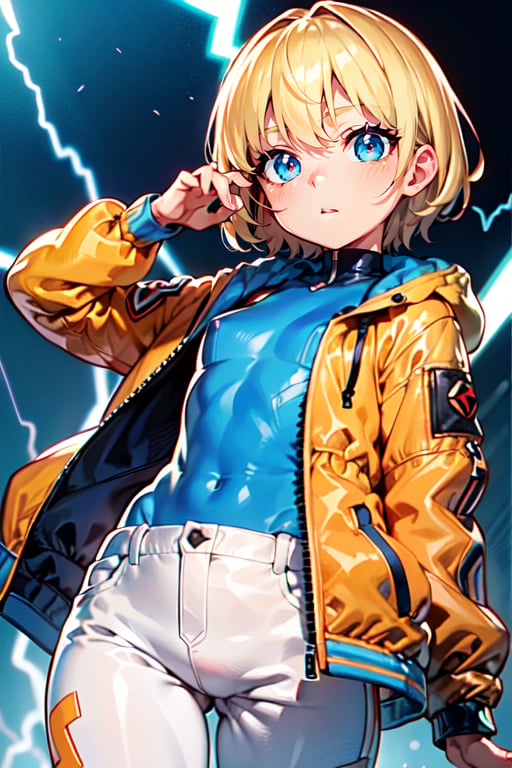 wattson, blonde hair, short hair, orange jacket, jacket, blue shirt, blue top, blue skinsuit, white pants