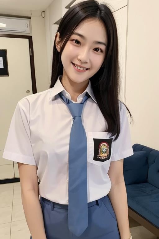 masterpiece, best quality, highres, female, 1girl,korean face, wearing indonesian high school uniform, smile, good hand angle, upperbody <lora:Indonesian High school Uniform:0.6> white shirt, blue necktie, black loafers