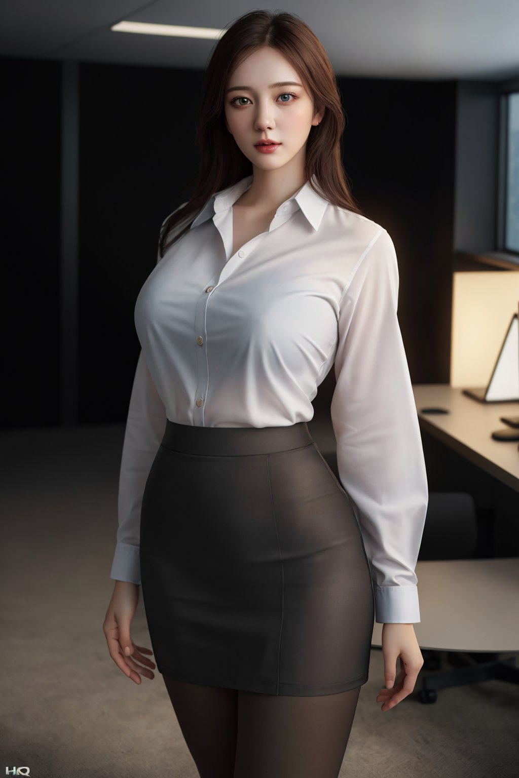 ((best quality)),absurdres,(ultra high res),(photorealistic:1.6), octane render,(hyperrealistic:1.2), (photorealistic face:1.2), 1girl, hot, (standing:1.4), skirt, shirt, half mouth open, office lady, young, pantyhose, huge breasts, perfect female body, (realistic:1.7), (8k), (Masterpiece),(realistic skin texture), (soft lighting),(beautiful eyes:1), <lora:officelady:0.5>