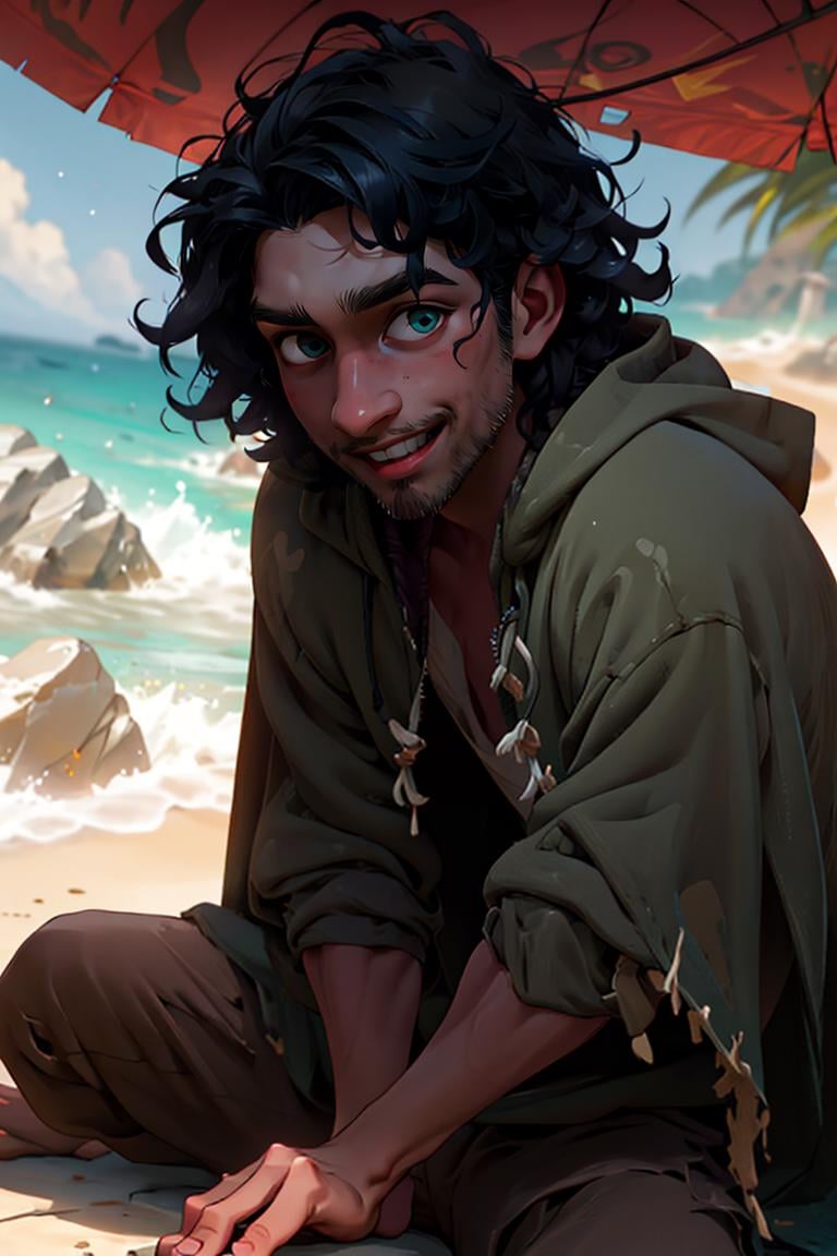 BrunoMadrigal,  1guy,  hooded,  hidden face,  at the beach,  green poncho,  smiling,  shirt,  pants,  flipflops,  masterpiece,  highres,  sharp focus,  cinematic lighting,  detailed face,  detailed eyes, <lora:EMS-42111-EMS:1.000000>