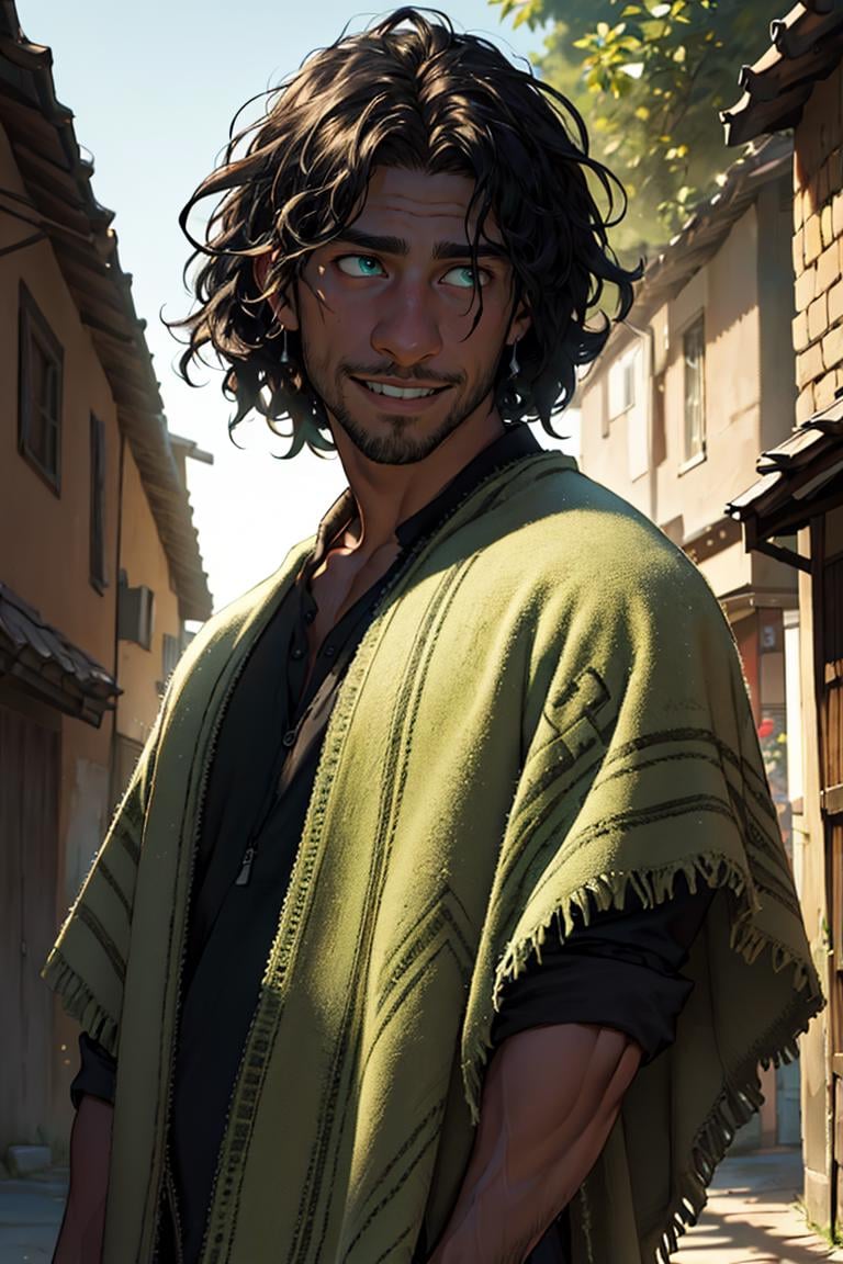 BrunoMadrigal,  1guy,  green poncho,  shirt,  pants,  medium shot,  smirk,  big chest,  standing,  village,  masterpiece,  highres,  sharp focus,  cinematic lighting,  detailed face,  detailed eyes, <lora:EMS-42111-EMS:1.000000>