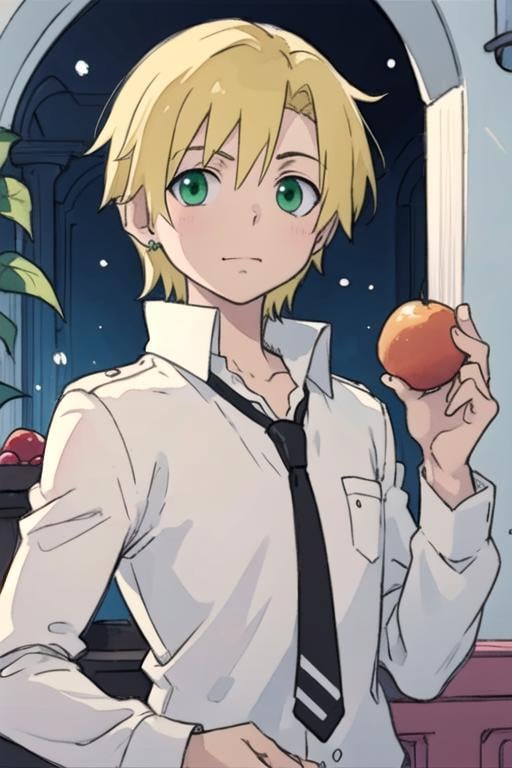 masterpiece, best quality, sketch, 1boy, solo, male focus, looking at viewer, upper body, depth of field, (watercolor illustration, soft pastel colors:1.1), , <lora:hiro_soul_eater:0.66>, hiro_soul_eater, blonde hair, green eyes, fruits costume, , HD-DVD