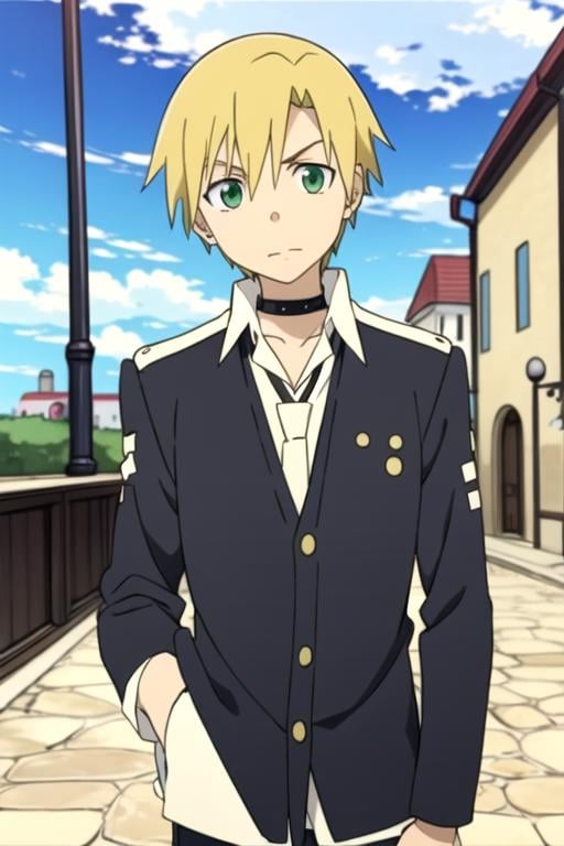 masterpiece, best quality, , 1boy, solo, male focus, looking at viewer, , , , , <lora:hiro_soul_eater:0.66>, hiro_soul_eater, blonde hair, green eyes