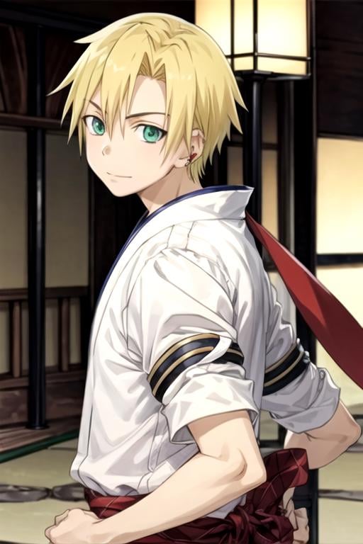 masterpiece, best quality, , 1boy, solo, male focus, looking at viewer, , , anime coloring, , <lora:hiro_soul_eater:0.68>, hiro_soul_eater, blonde hair, green eyes, , feudal japan,